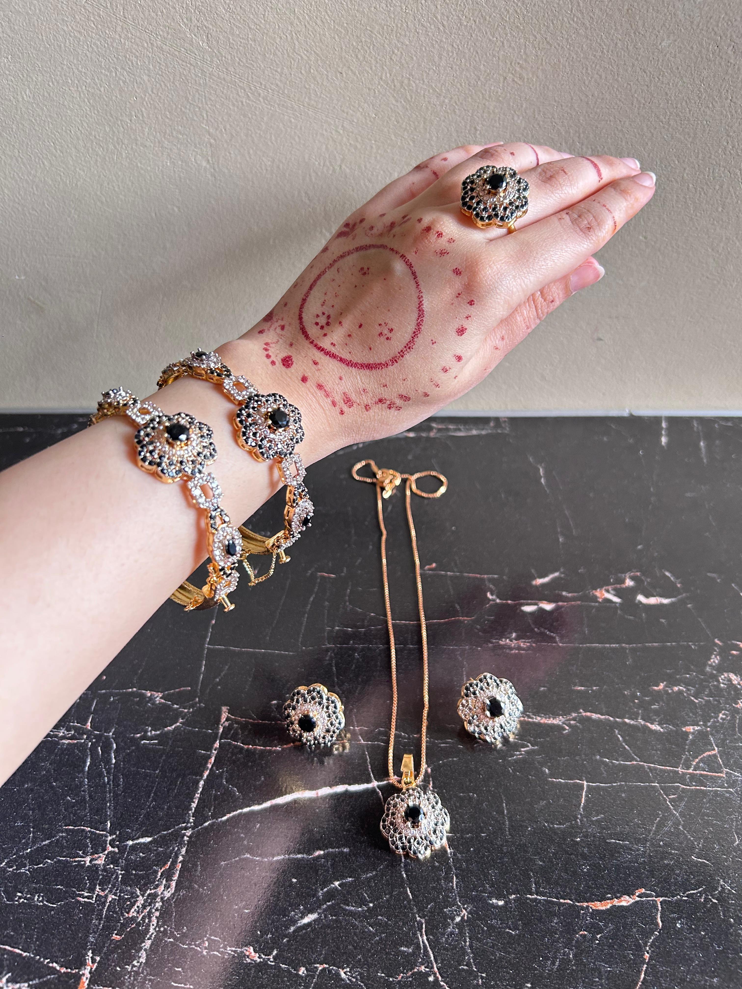 Floral Zircon Luxury Set – Necklace, Bangles & Earrings (Multi-Color Options)