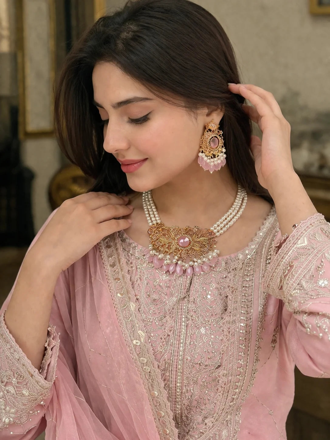 Floral Pearl Drop Necklace Set – Premium Zircon Bridal Jewelry (Multi-Color Variants)