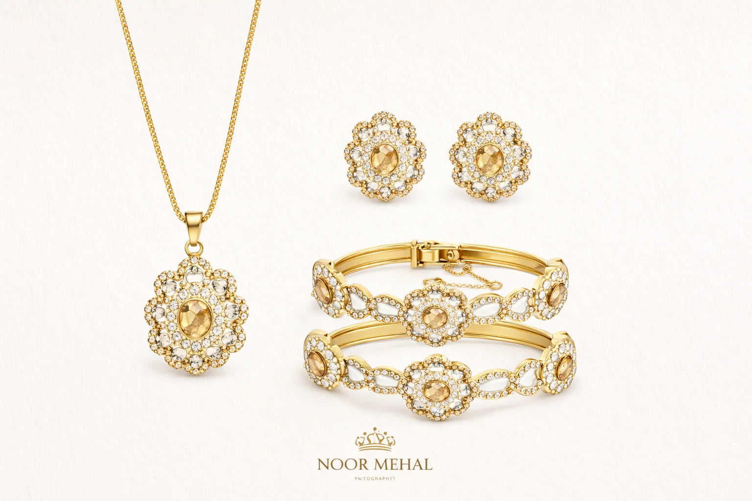 Floral Zircon Luxury Set – Necklace, Bangles & Earrings (Multi-Color Options)