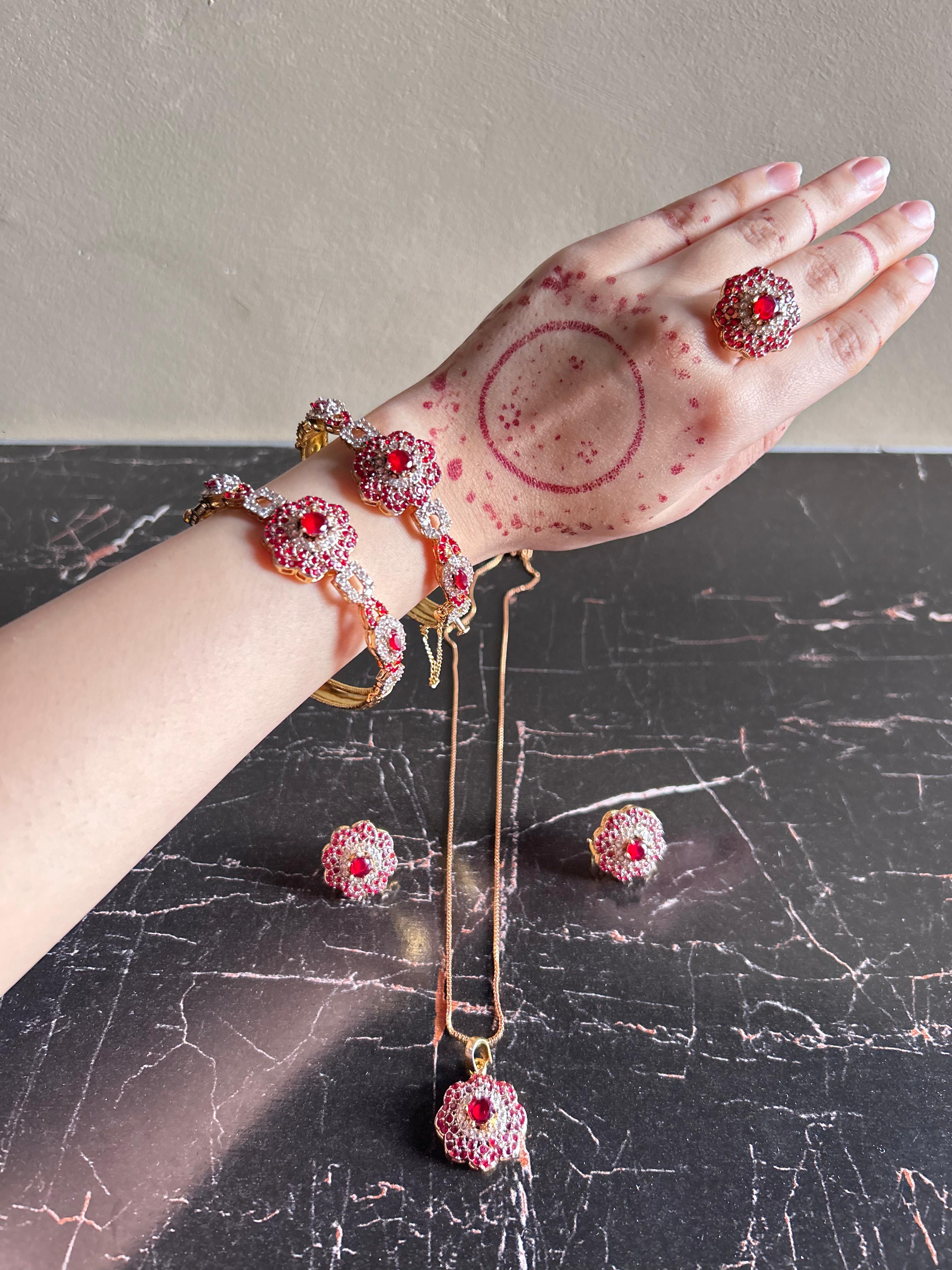 Floral Zircon Luxury Set – Necklace, Bangles & Earrings (Multi-Color Options)