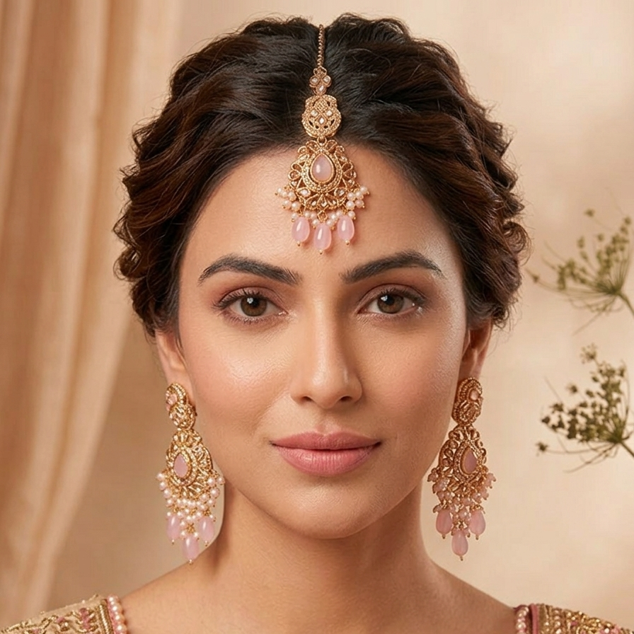 Emerald Chandbali earings tika Set