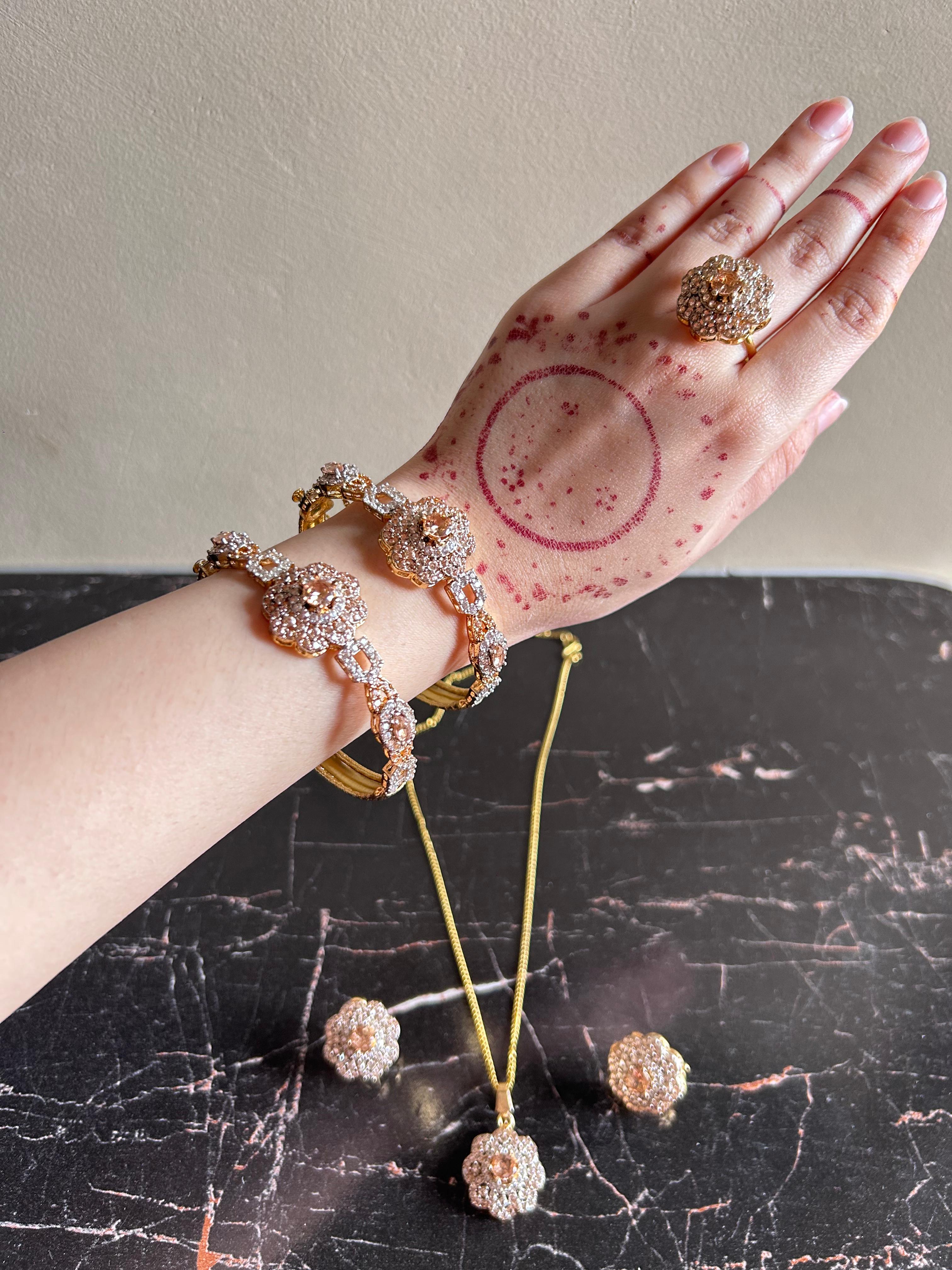 Floral Zircon Luxury Set – Necklace, Bangles & Earrings (Multi-Color Options)