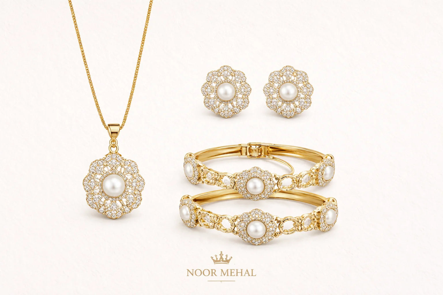 Floral Zircon Luxury Set – Necklace, Bangles & Earrings (Multi-Color Options)