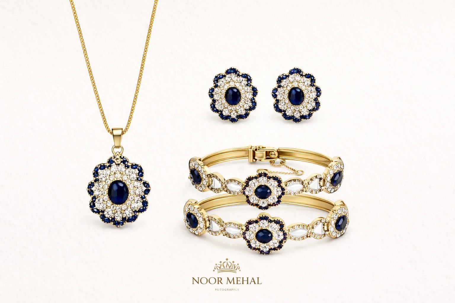 Floral Zircon Luxury Set – Necklace, Bangles & Earrings (Multi-Color Options)