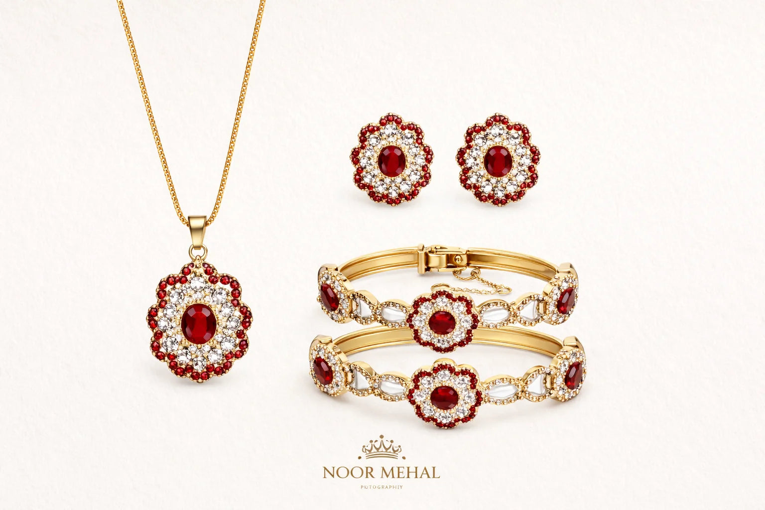 Floral Zircon Luxury Set – Necklace, Bangles & Earrings (Multi-Color Options)