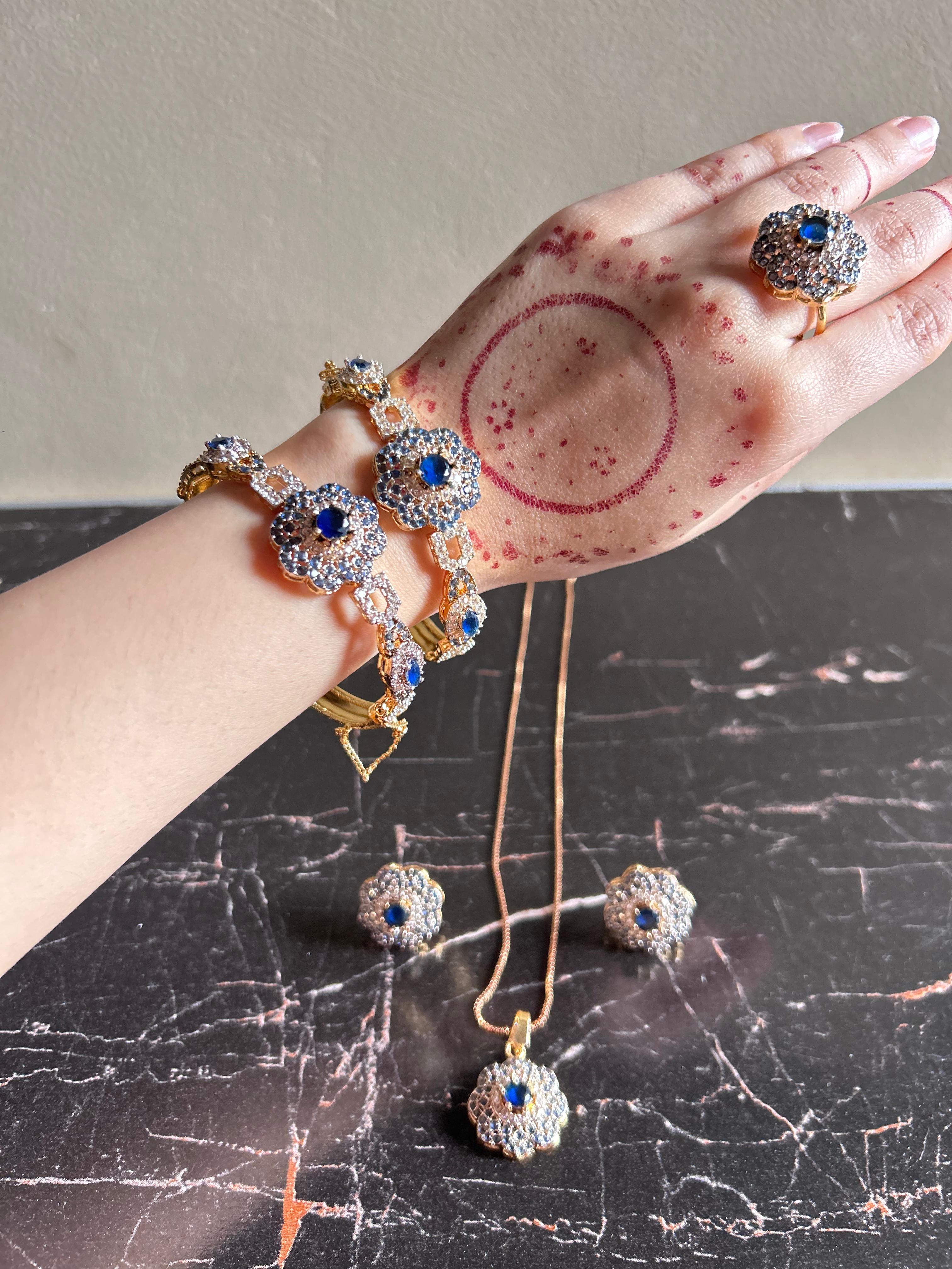 Floral Zircon Luxury Set – Necklace, Bangles & Earrings (Multi-Color Options)