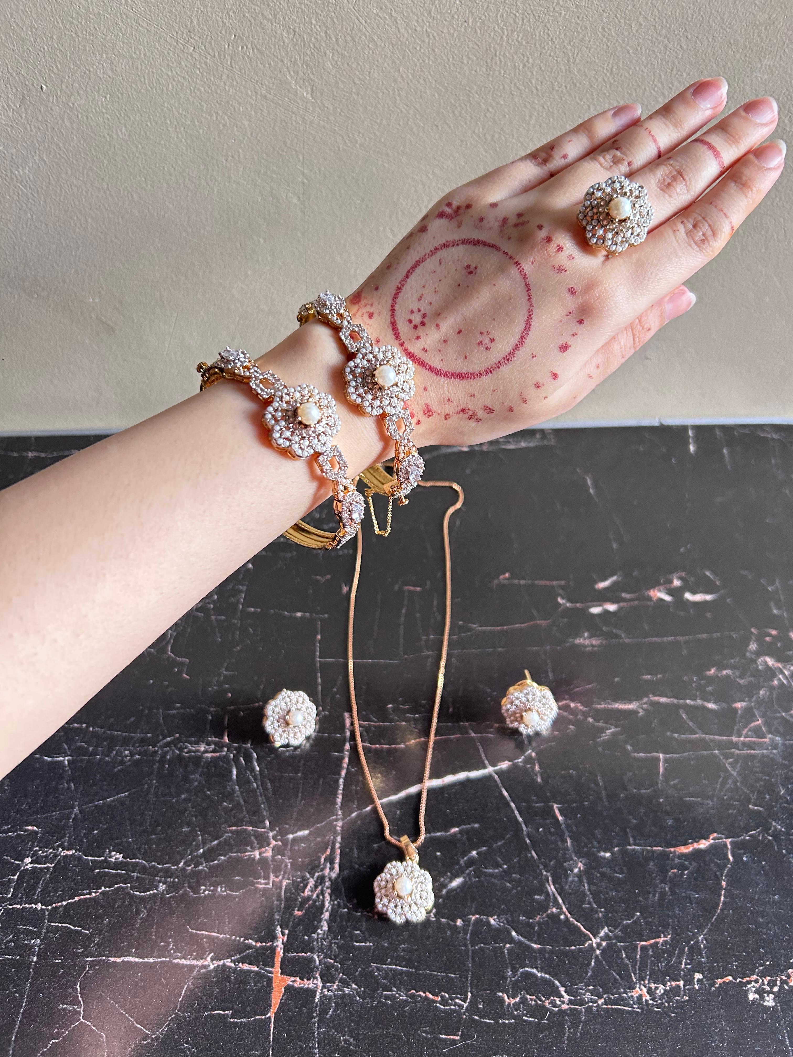 Floral Zircon Luxury Set – Necklace, Bangles & Earrings (Multi-Color Options)